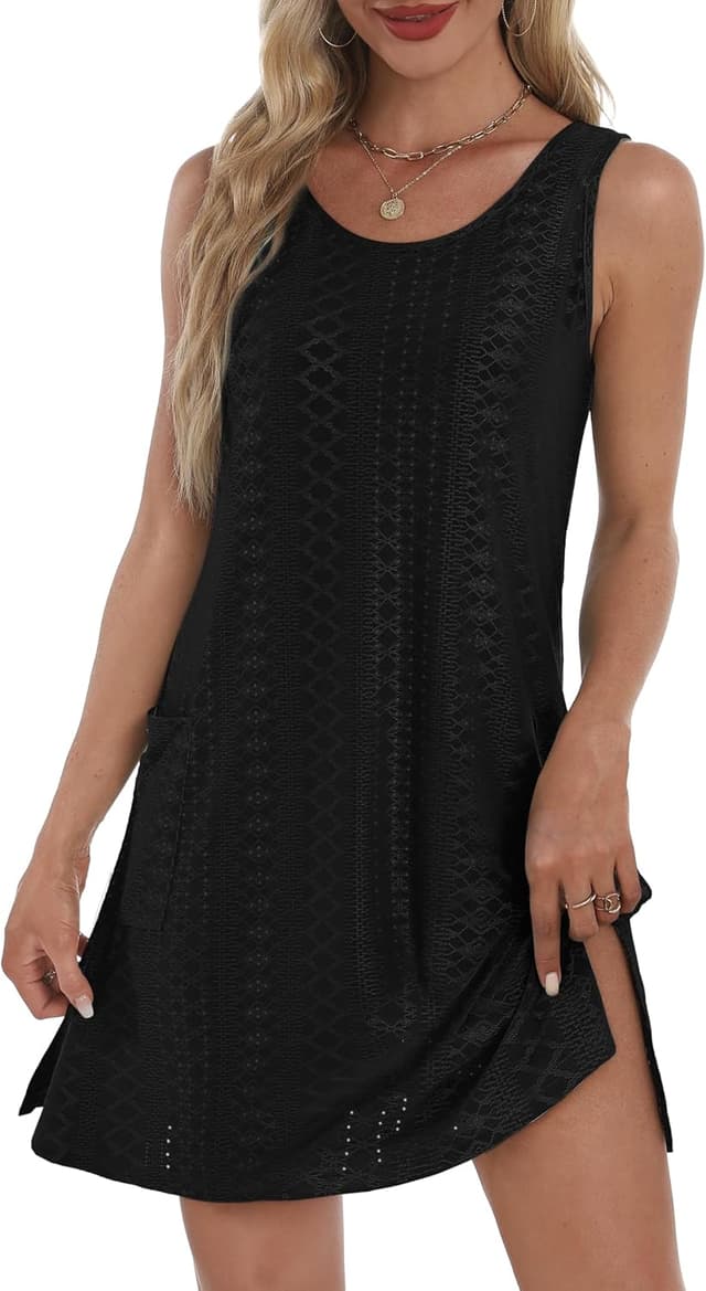 Detalle 2 de BKRIVE Coverup Summer Dresses for Women 2025 Eyelet Loose Sleeveless Sundress with Pockets