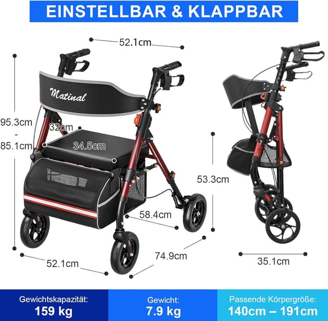 Thumbnail 6 de Matinal Leichtgewicht Rollator faltbar mit Sitz – bis 160 kg belastbar, 6-fach höhenverstellbar
