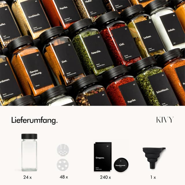 Detalle de KIVY Gewürzgläser 24×120 ml – Gewürzstreuer Glas 🧂