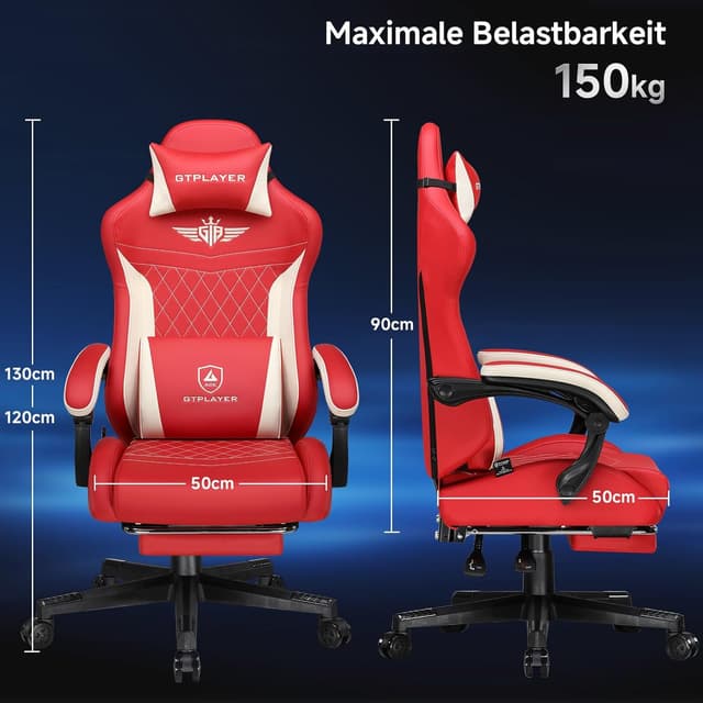 Detalle de GTPLAYER Chaise de gaming ergonomique en cuir synthétique rouge, support lombaire et dossier jusqu’à 150°