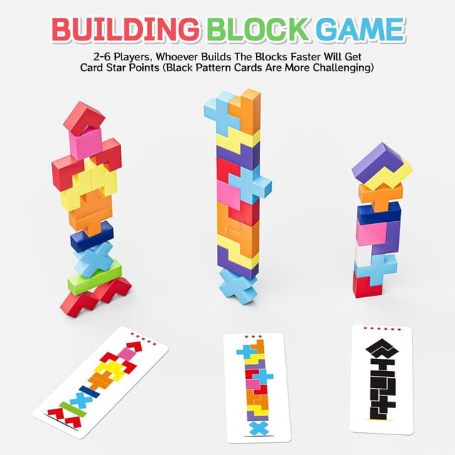 Detalle de QianShouYan Wooden Block Stacking Games (120-Piece) 4-in-1 Fast-Paced Building Block Board Game for Kids 4+ (1–6 Players)