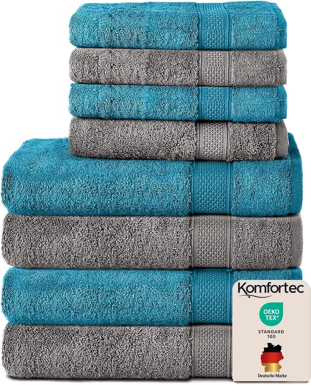 Detalle de Ensemble de serviettes Komfortec 8 pièces en 100% coton (gris anthracite/turquoise)
