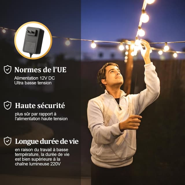 Detalle 2 de JEYMORKEY Guirlande lumineuse guinguette extérieure 15 m (18+1) G40 LED avec télécommande