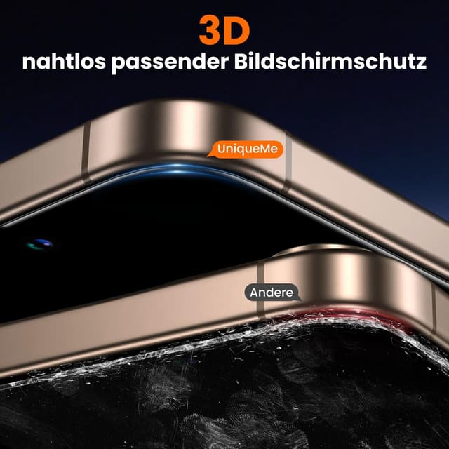 Detalle de UniqueMe Schutzfolie für iPhone 16 Pro mit Sichtschutz (Panzerglas, Full Screen 3D, Auto-Installation) – 2 Stück