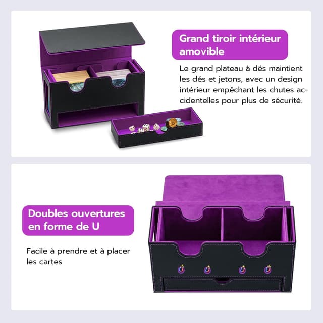 Detalle 2 de Tolesum Boîte à cartes double couche MTG avec tiroir pour dés, 2 fenêtres latérales et fermeture magnétique (jusqu’à 300+ cartes) – Violet noir