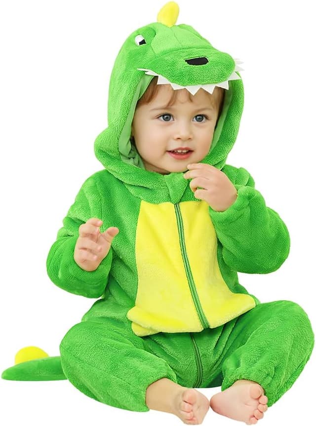 Detalle de DiULi dinosaur winter hooded flannel romper with front zipper (baby boys & girls)