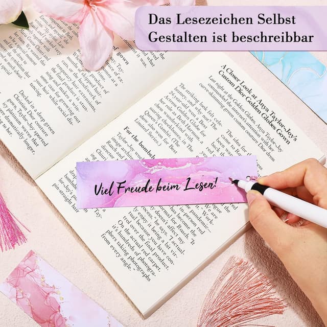 Detalle 2 de 24er Lesezeichen-Set mit Marmorierung & Quasten (beschriftbar), 15 x 4 cm – 12 Farben