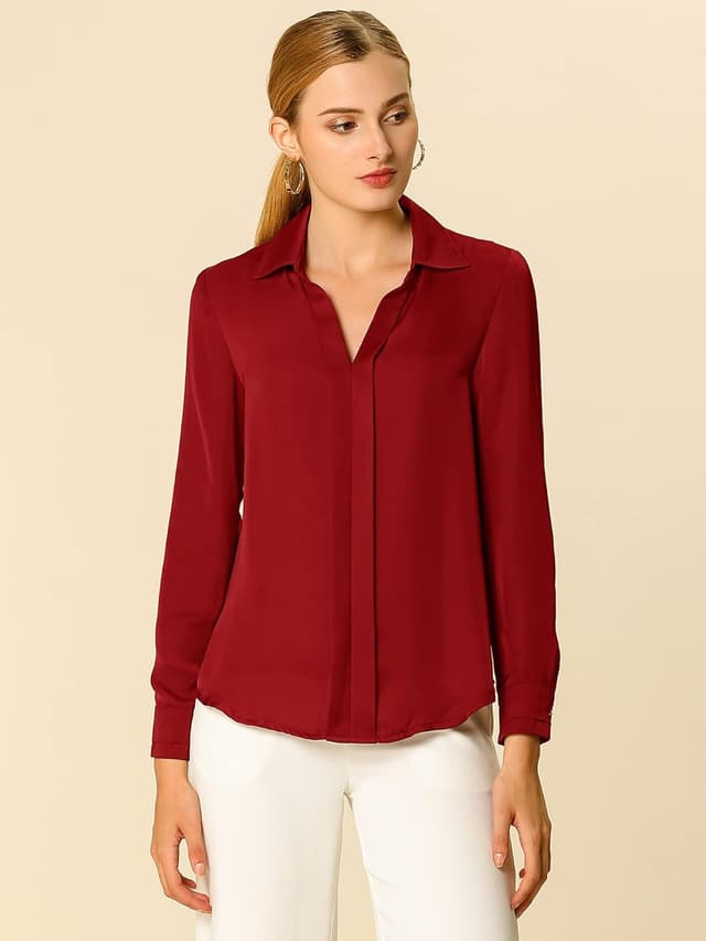 Detalle de Allegra K Damen Satin-Bluse mit V-Ausschnitt und Langarm