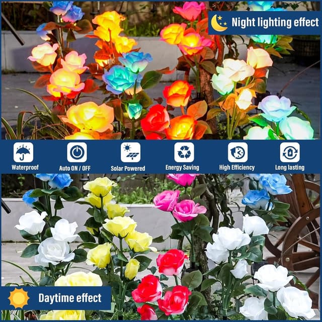 Detalle de DooYard solar garden lights (upgraded version) – 7-colour changing rose lights, 2 pack