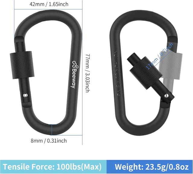 Detalle de BEEWAY Locking Carabiner (Premium Aluminium Alloy D-Ring) – 3 Pack Key Chain Clip Hooks