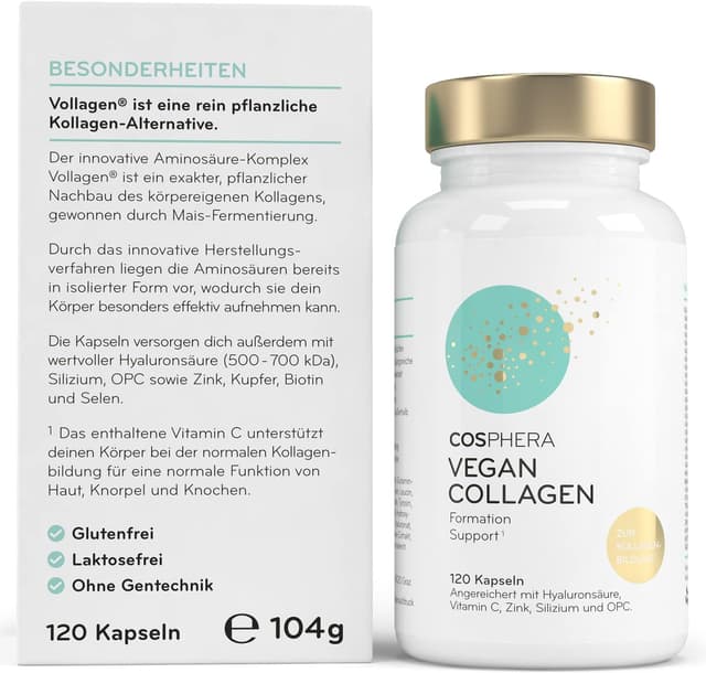 Detalle 2 de COSPHERA Kollagen-Bildung Hyaluron (120 vegane Kapseln) mit Vitamin C, Biotin, OPC, Zink & Kupfer