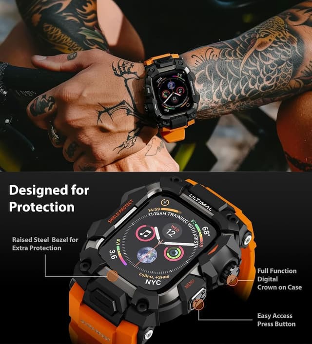 Detalle 2 de ULTIMAL Rugged Case with Band for Apple Watch straps (44mm) – Orange, shockproof bumper cover