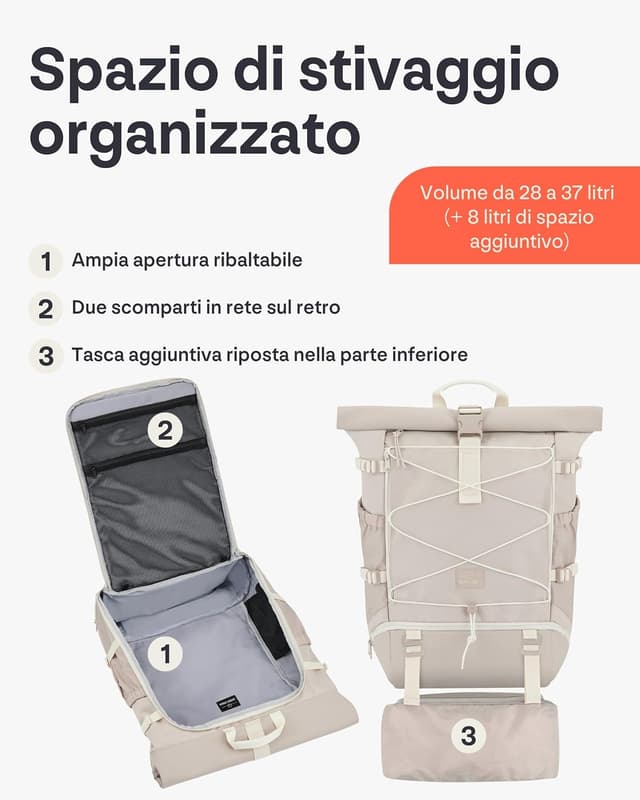 Detalle de Johnny Urban Zaino Rolltop Travel Allen Large L 37L idrorepellente da viaggio