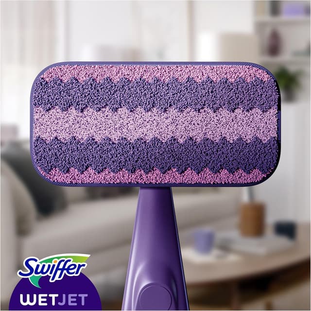 Detalle 2 de Swiffer WetJet – kit de démarrage pour sols (balai, lingette microfibre lavable, lingettes jetables, solution nettoyante)