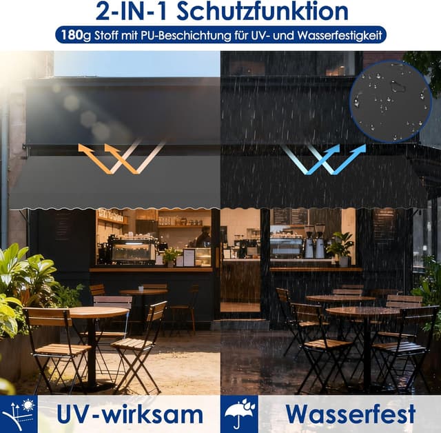 Detalle de UISEBRT Klemmmarkise mit Kurbel – balkon- und terrassentauglicher Sonnenschutz ohne Bohren (3,50 x 1,20 m, Dunkelgrau)