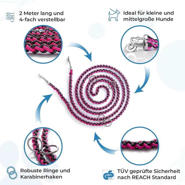 Detalle de Testnote Sehr gut – reflektierende Hundeleine aus Paracord, 2 m, verstellbar, wetterfest & reißfest bis 250 kg