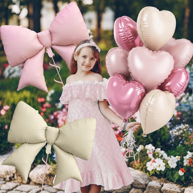 Detalle 1 de FunHot Pink White Heart Balloons & Cream Bow Foil Set (10 Pieces) for Birthdays, Valentine’s, and Weddings