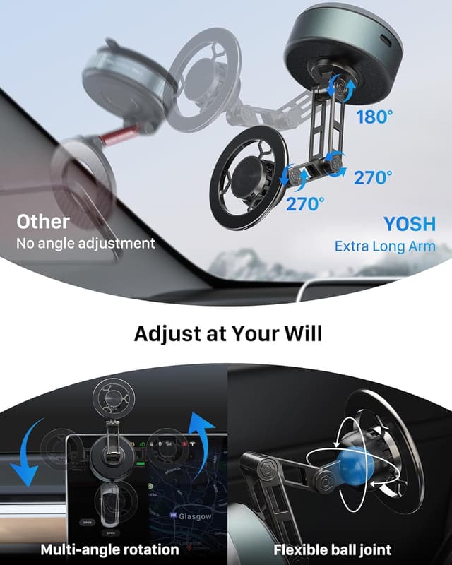 Detalle 2 de YOSH 2026 Auto-Vacuum Lock Magnetic Phone Holder with 3-axis Flex Arm for MagSafe & All Phones