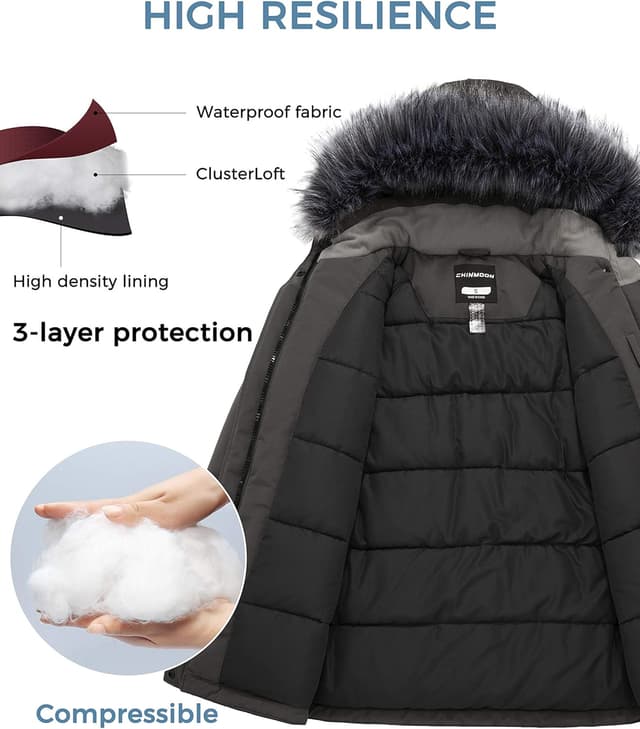 Detalle de CHIN·MOON women’s warm puffer jacket – waterproof quilted winter coat with storm hood