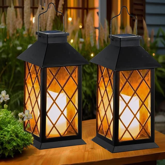 Detalle de Joycome Outdoor Lanterns Solar Garden Lanterns (2 Pack) in Black with Flickering LED Candles