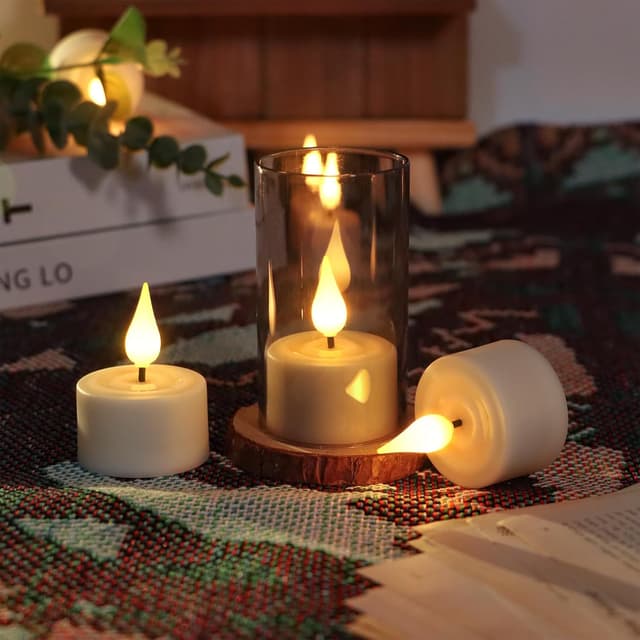 Detalle de Cibnew wiederaufladbare LED-Teelichter mit Timer & Fernbedienung (12 Stück, Beige)