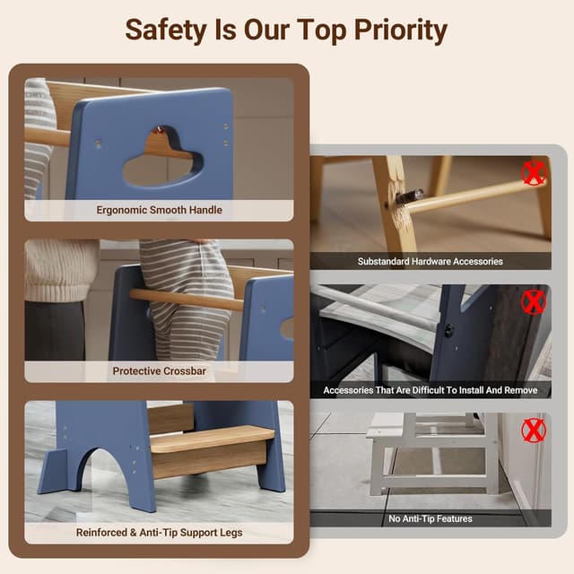 Thumbnail 6 de COSYLAND Height Adjustable Toddler Standing Tower (3 Levels) – Super Stable Wooden Kitchen Stool Helper