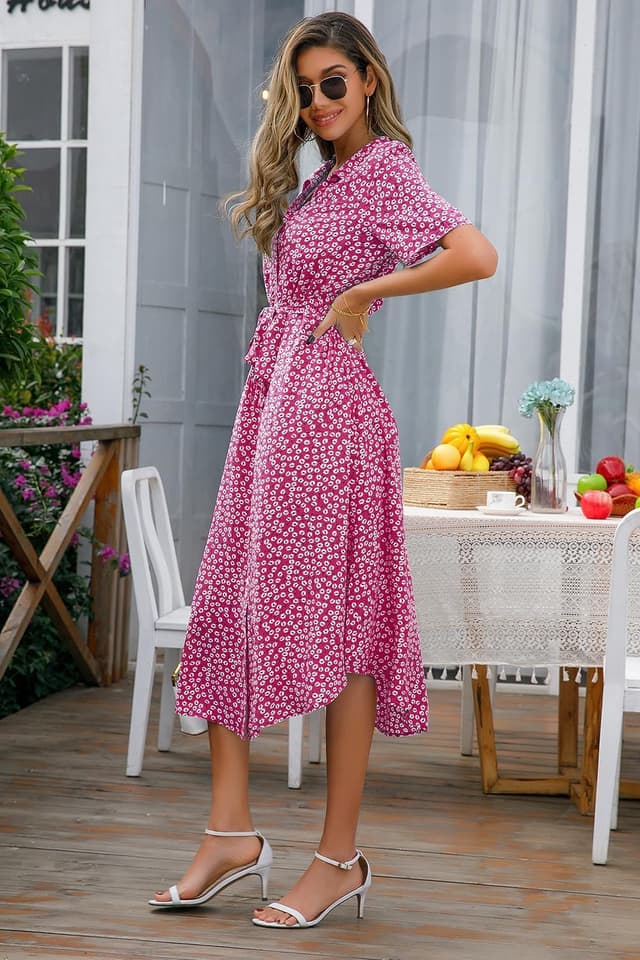 Detalle 2 de Livonmone Sommerkleid für Damen mit V-Ausschnitt, Blumendruck, Gürtel und Knopfverschluss