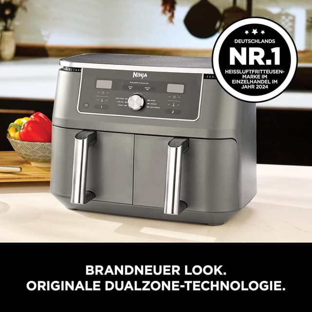 Detalle de Ninja Dual Zone Digital Air Fryer DZ400EU – 2 Schubladen, 6-in-1 Heißluftfritteuse, 9,5 L, Metallic Grau