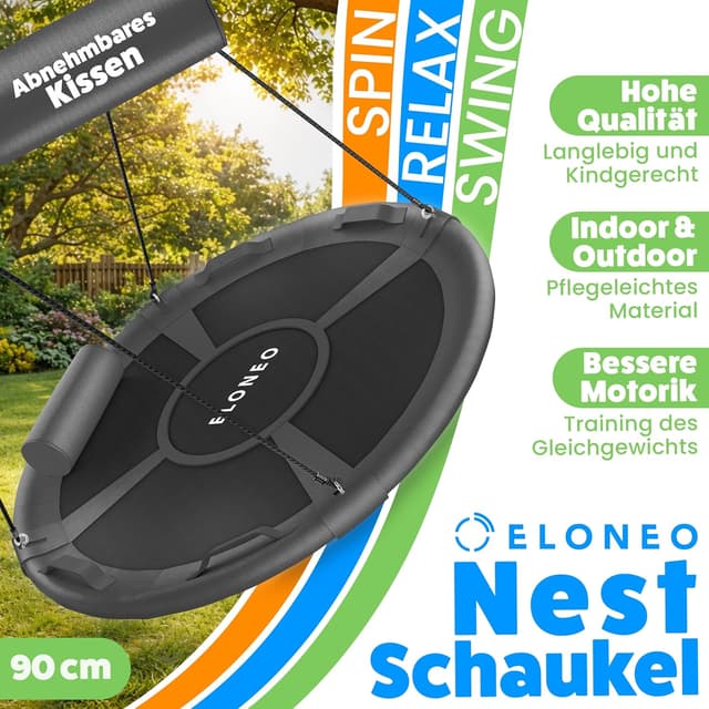 Detalle 2 de ELONEO Nestschaukel Outdoor & Indoor (Ø 90 cm) – höhenverstellbare Tellerschaukel bis 200 kg mit Kissen & Zubehör-Set