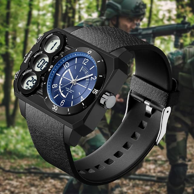 Detalle de findtime Herrenquadratische Digital-Analog-Uhr mit 3 Zeitzonen und LED-Beleuchtung