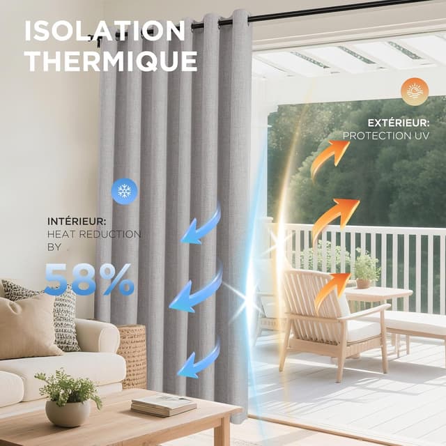 Thumbnail 3 de Joydeco 100% rideau occultant thermique anti-froid et anti-chaleur, 167 x 228 cm (2 panneaux) gris et blanc, à œillets