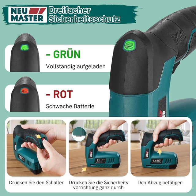 Detalle de NEU MASTER Akku Tacker 2-in-1 4V mit Ladekabel – für Heftklammern & Nägel (1000 + 1000 Teile)