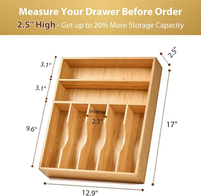 Detalle de Umilife Bamboo Drawer Organizer, 7-Slot ⚙