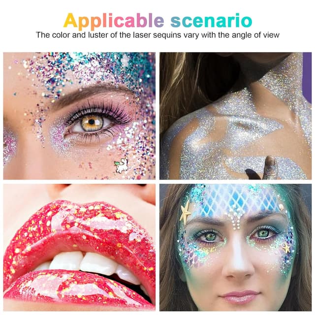 Detalle 2 de URAQT Körper-Glitzer-Gel mit holografischen Meerjungfrau-Pailletten (klobig) – Festival-Party-Glitzer für Gesicht, Augen, Haare, Nägel & Make-up