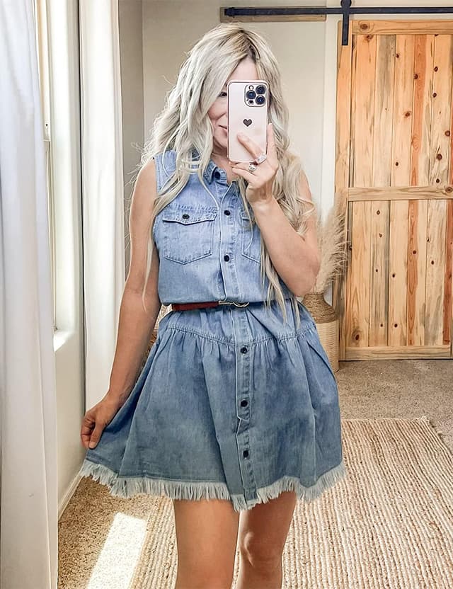 Detalle de luvamia Women’s Casual Summer Lapel Sleeveless Button-Down Short Denim Jean Dress