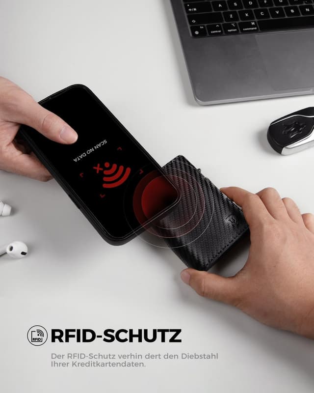 Detalle de LORZOR Slim Wallet mit Münzfach (Carbon schwarz) – Herren-Portemonnaie aus echtem Leder mit RFID-Schutz