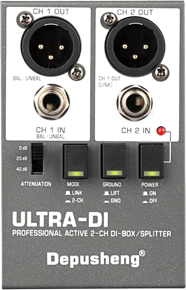 Detalle de Depusheng Ultra-DI Di2 Professional Active 2-Kanal DI-Box/Splitter mit Input-Attenuator für Gitarre & Bass (48V)
