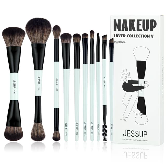 Detalle de Jessup Profi Duo-End Makeup Pinselset (10-tlg.) für Gesicht & Augen – Hellcyan T500
