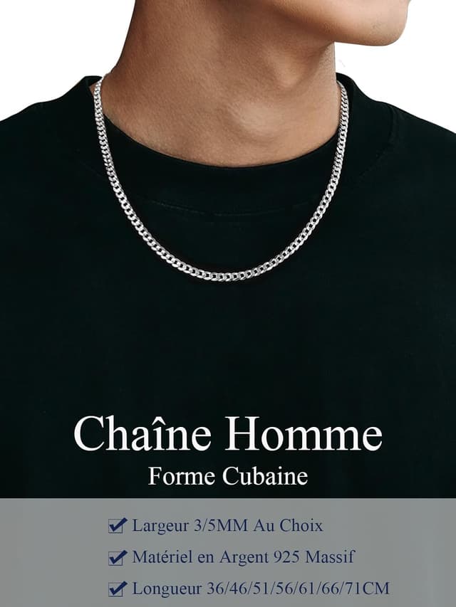 Detalle de Suplight chaîne en argent 925 maille cubaine pour homme, 3 mm/5 mm (tailles 36 à 71 cm)