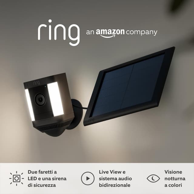 Detalle de Ring Spotlight Cam Plus Solar: videocamera di sorveglianza Wi‑Fi per esterno con faretti, audio bidirezionale e visione notturna a colori