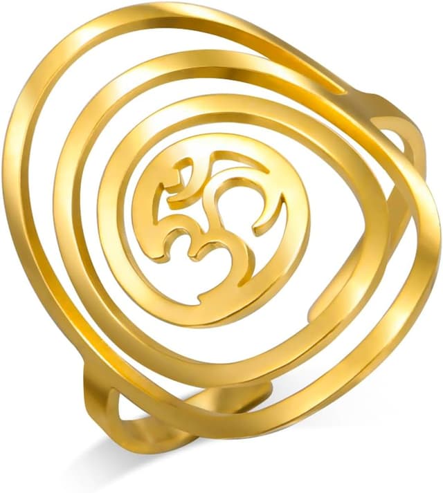Detalle de Dreamtimes Aom Om Ohm Ring aus Edelstahl mit geometrischem Kreis – verstellbarer Unisex Siegelring
