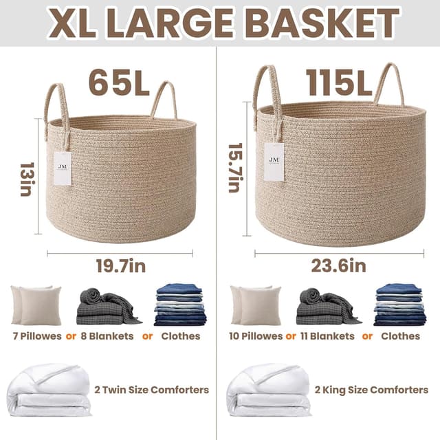 Detalle de JMvicyroam 65L Extra-Large Blanket Basket (Woven Cotton Rope Laundry Hamper) — Oatmeal