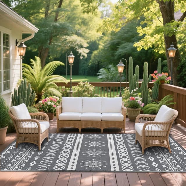 Detalle de MOKANI Large Outdoor Rug for Patio Waterproof (240x300 cm) – Reversible, Foldable Boho Garden Rug