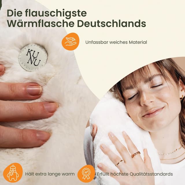 Detalle 2 de KUNU® XXL Wärmflasche (3,4 l) – flauschiger Bezug, auslaufsicher & extra Bezug – beige, inkl. Geschenkverpackung