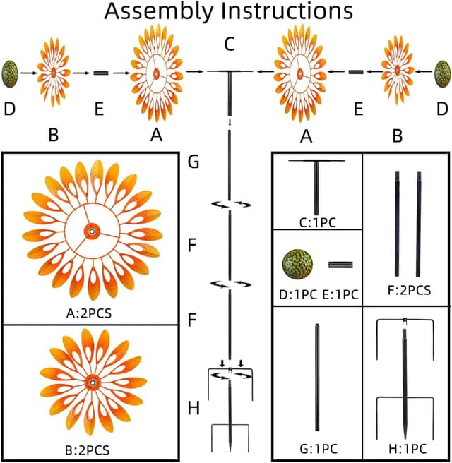 Detalle 2 de VEWOGARDEN Sunflower Wind Spinner with 4 Blades — Metal Kinetic Outdoor Yard Decoration (63" tall)