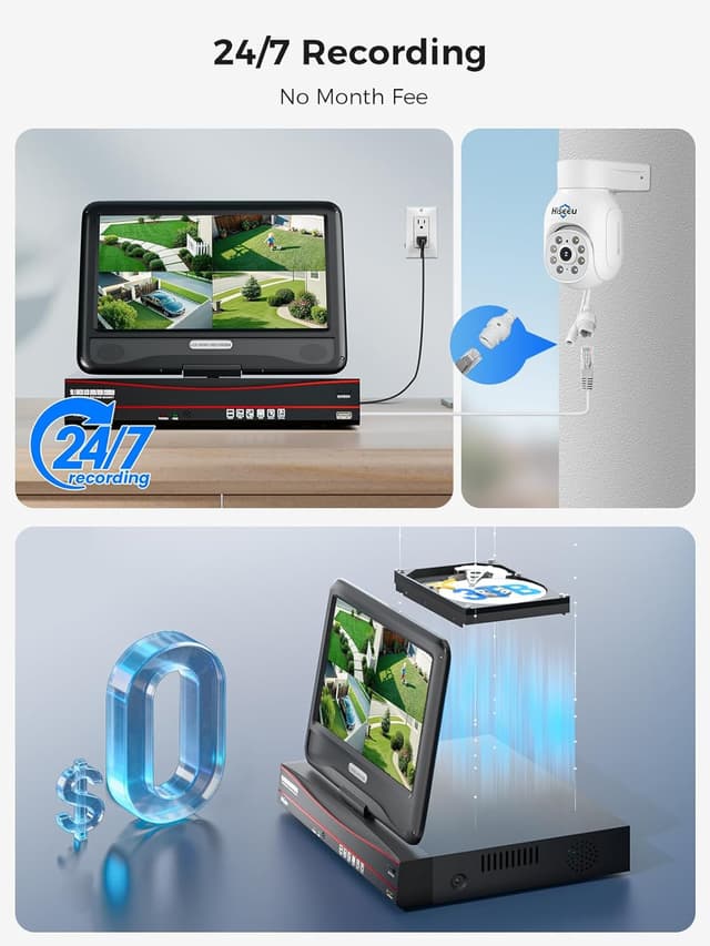 Detalle 2 de Kit vidéosurveillance extérieure Hiseeu 5MP + PTZ PoE : 4 caméras, NVR 8CH, vision nocturne couleur
