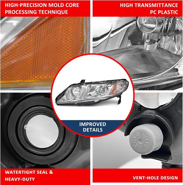 Detalle 2 de ADCARLIGHTS Headlight Assembly for 2006-2011 Honda Civic 4-Door (Chrome Housing, Amber Reflector) — W/O Bulbs