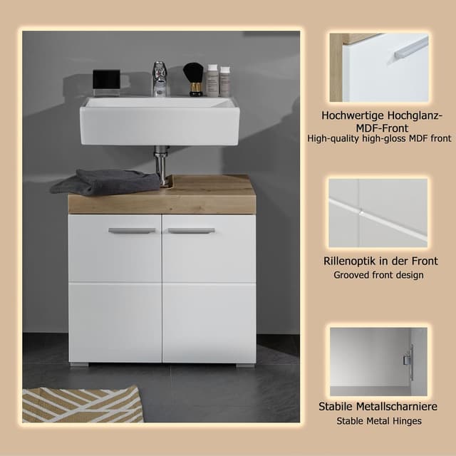 Detalle 2 de trendteam smart living „Amanda“ Waschbeckenunterschrank in Weiß/Weiß Hochglanz mit Asteiche-Optik, 60 x 56 x 34 cm