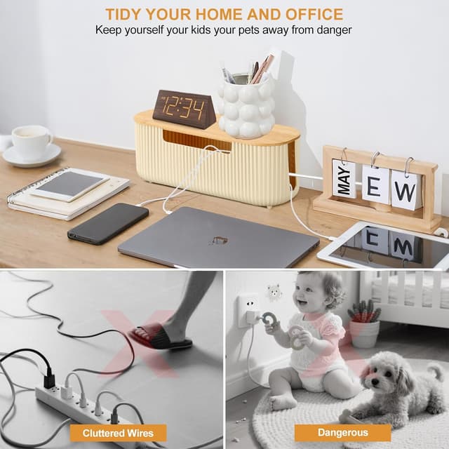 Detalle de CRROEL Cable Tidy Box with Bamboo Lid (Beige) for hiding power strips and desk cables