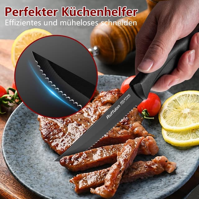 Detalle de Ruffulon Profi Steakmesser-Set 12-teilig mit Wellenschliff, Edelstahl – schwarz